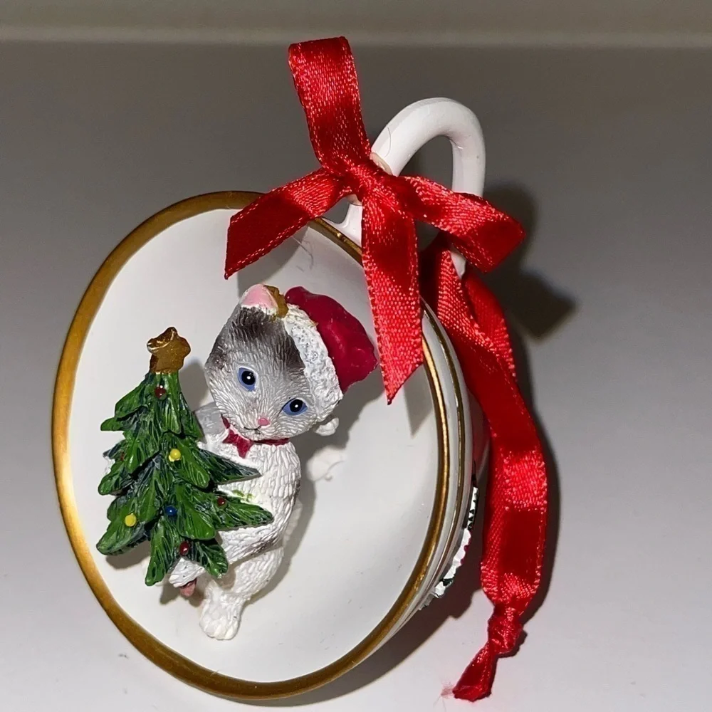 Cat Snowman Family Tea Cup Ornament Painted Resin Crafts Creative x4